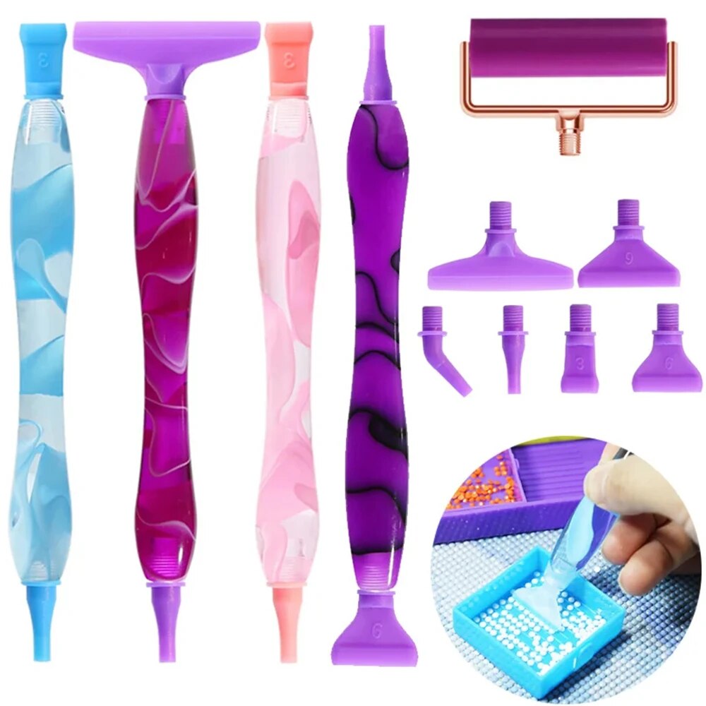 Resin Art Tool Kit - ปากกาลูกกลิ้งเพ้นท์ลาย5D พร้อมหัวปากกาเปลี่ยนแบบทำมือชุดกล่องเครื่องมือตกแต่งเล็บอุปกรณ์ตกแต่งปักเพชร