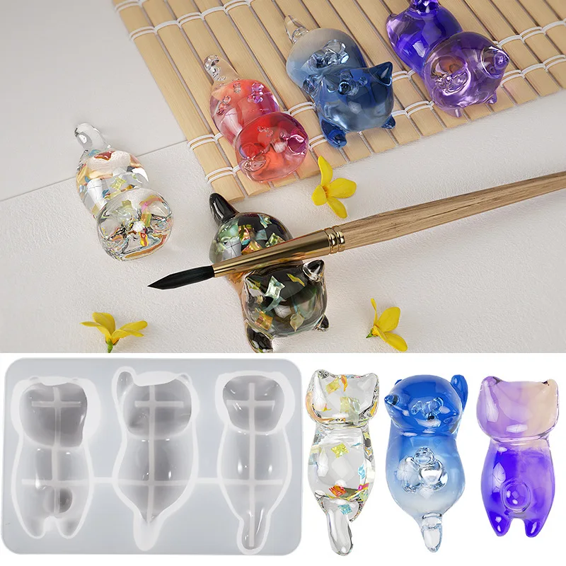 Resin Mixing Cup - 3D แมวคริสตัลอีพ็อกซี่เรซินแม่พิมพ์ DIY สามมิติโกหกแมวกลับพวงกุญแจผู้ถือปากกาซิลิโคนแม่พิมพ์