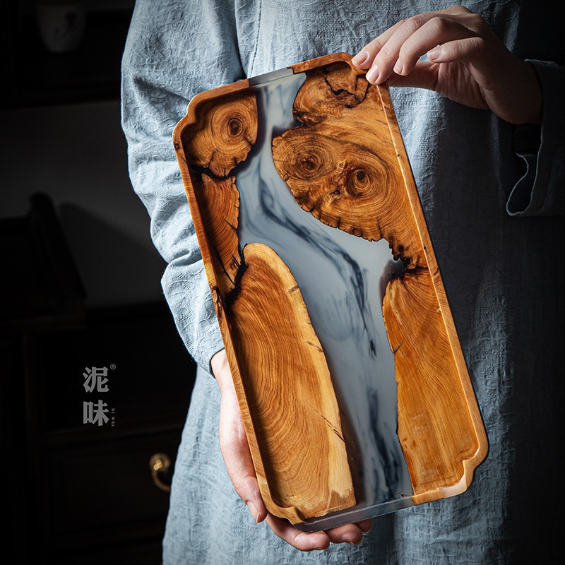 Resin Art Wooden Tray - ถาดชาไม้ทูจาสไตล์เซนญี่ปุ่น พร้อมถาดรองหม้อและแผ่นรองทำจากเรซิ่น สำหรับใช้ในบ้าน