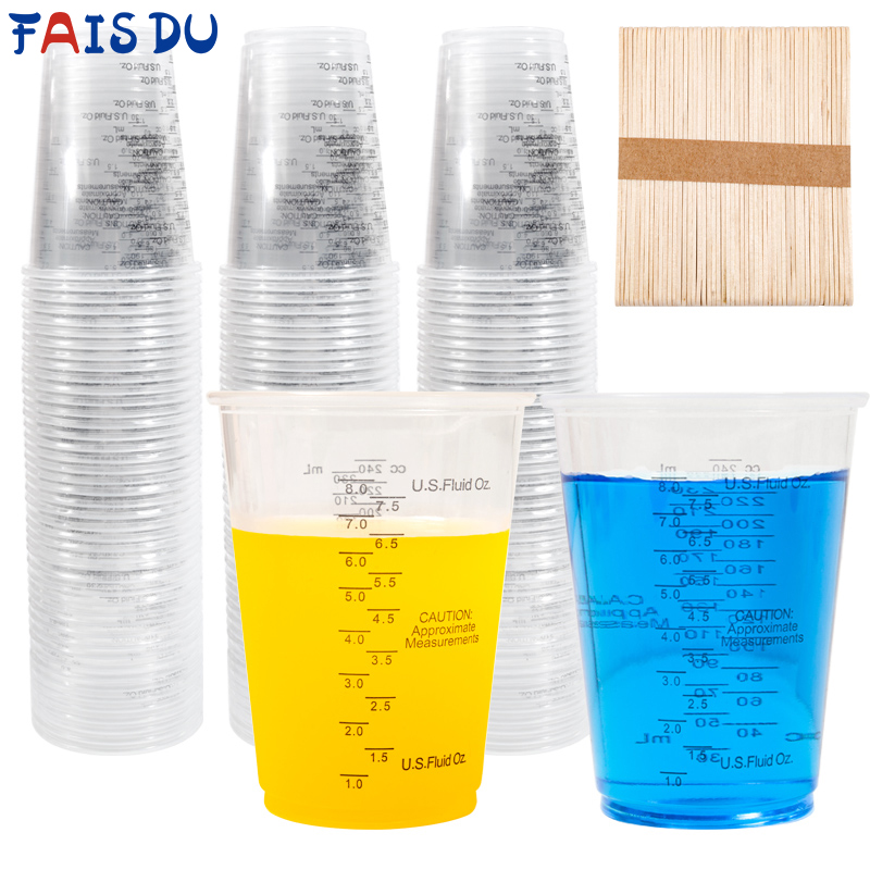 Resin Mixing Cup - FAIS DU ถ้วยตวงแบบใช้แล้วทิ้ง8ออนซ์พร้อมแท่งกวนถ้วยผสมเรซินอีพ็อกซี่พลาสติกสำหรับการอบสีผสมสี