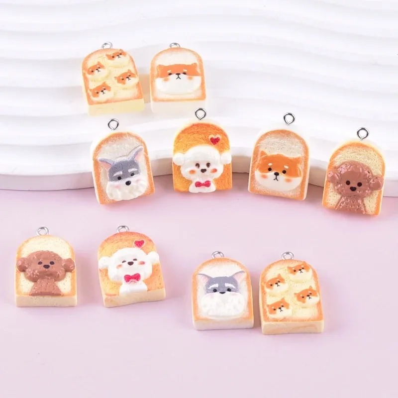 Resin Art Keychain - จี้เรซิ่นรูปสุนัขขนมปังปิ้งน่ารัก 10 ชิ้น จี้รูปสัตว์การ์ตูน อุปกรณ์งานฝีมือ DIY