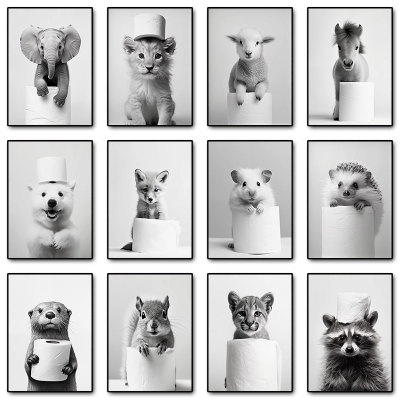 Resin Art Wallpaper - ภาพวาดเพชรลายสัตว์น่ารักสีขาวดำพร้อมกระดาษชำระ ลายสิงโต นกฮูก แมว สุนัข สำหรับตกแต่งผนังห้องน้ำและบ้าน