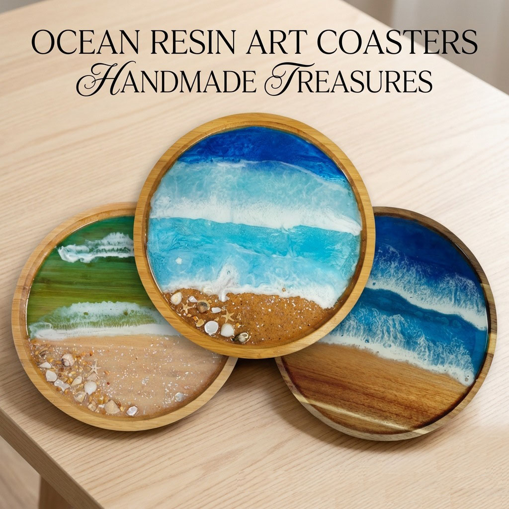 Resin Art Wooden Tray - ถาดไม้เสิร์ฟพร้อมงานศิลปะเรซิ่นลายมหาสมุทร ของตกแต่งบ้าน ถาดไม้ทรงกลมสำหรับโต๊ะกาแฟ ถาดเสิร์ฟตกแต่งสำหรับโต๊ะบ้าน