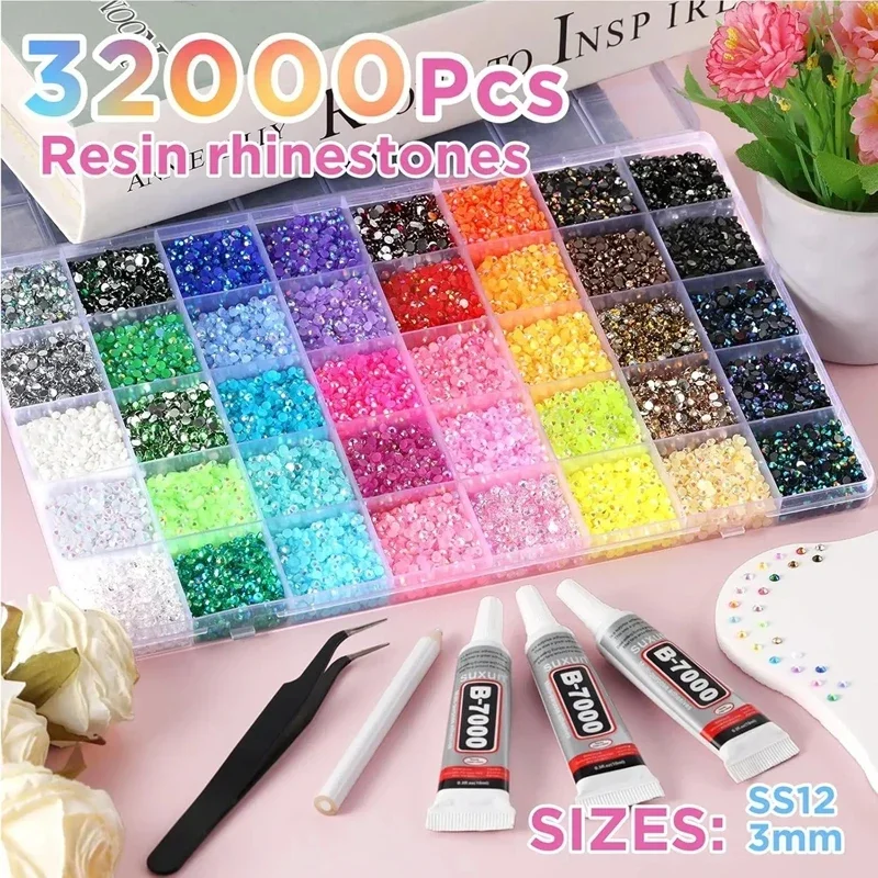 Resin Art Tool Kit - ชุดอุปกรณ์ตกแต่งเรซิ่นหลากสีขนาด 3 มม. พร้อมอุปกรณ์และกาวสำหรับตกแต่งเล็บ เสื้อผ้า เคสมือถือ