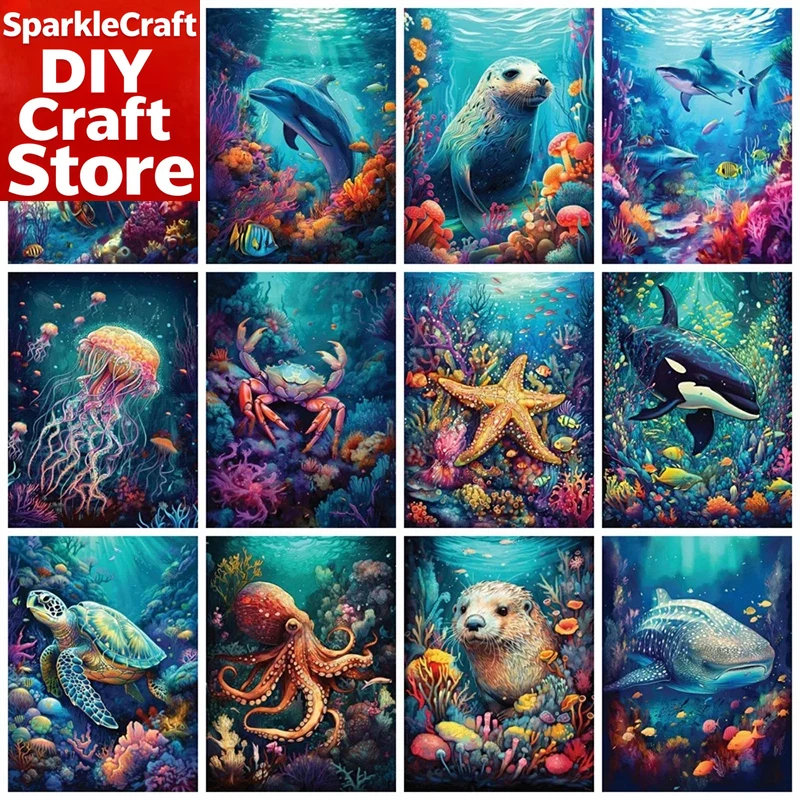 Resin Art For Beginners - ชุดภาพวาดเพชรแบบไร้กรอบ 1 ชิ้น รูปทรงสี่เหลี่ยมจัตุรัสและวงกลม ลายโลมาและเต่าทะเล สำหรับตกแต่งบ้าน