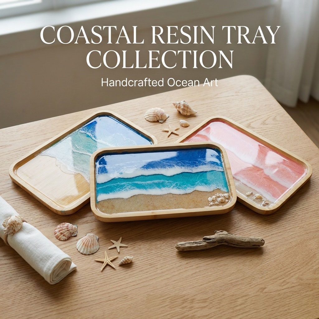 Resin Art Wooden Tray - ถาดตกแต่งงานศิลปะเรซิ่นอีพ็อกซี่ลายมหาสมุทร สำหรับโต๊ะกาแฟ โต๊ะอาหาร เคาน์เตอร์ ถาดไม้เสิร์ฟอาหาร ตกแต่งห้องครัว