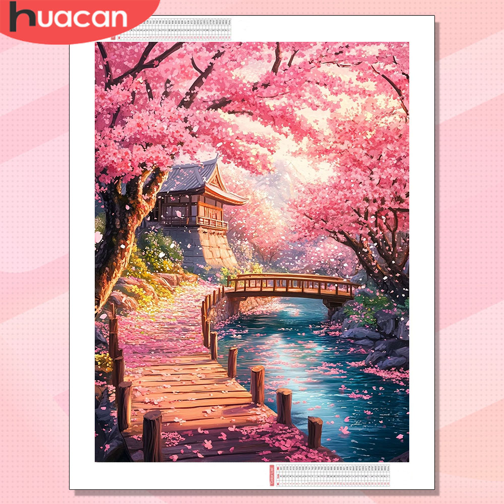 Resin Art Wallpaper - ภาพวาดเพชร HUACAN ลายทิวทัศน์บ้าน งานฝีมือสร้างสรรค์ ภาพวาดเพชรลายดอกซากุระ ของตกแต่งบ้าน